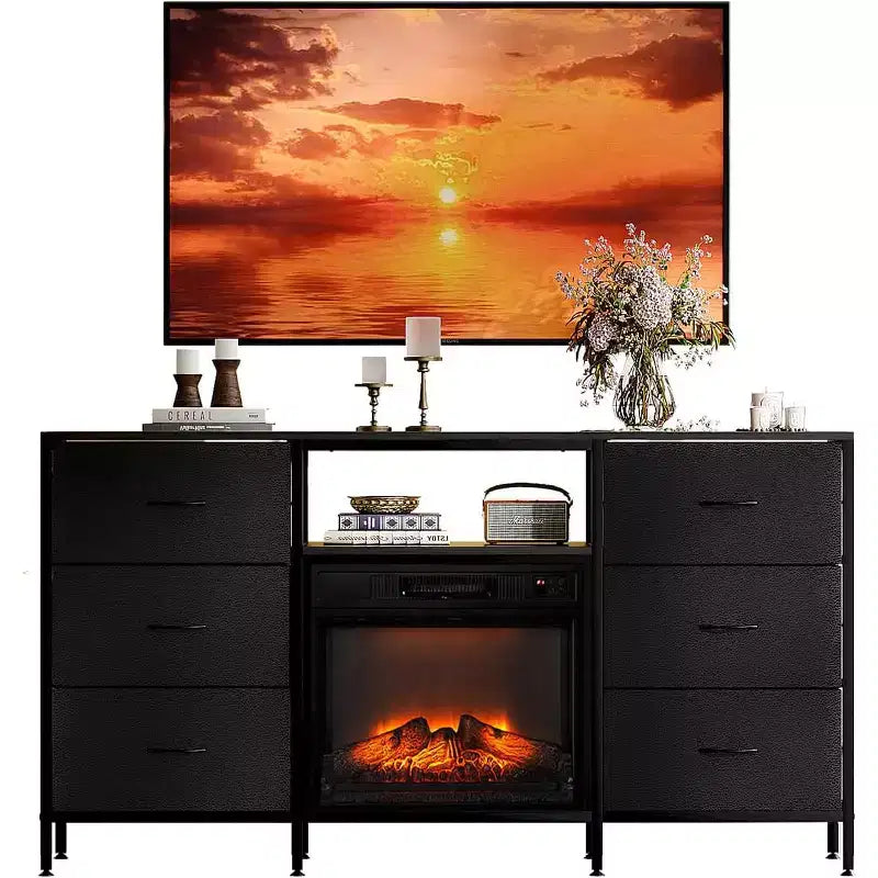 Meuble TV de cheminée VINGLI avec tiroir en tissu, centre de divertissement avec lumières LED et meuble TV console industriel avec étagères de rangement ouvertes