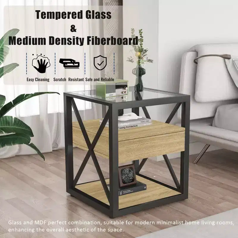 Table d'appoint moderne avec tiroir, Table d'appoint industrielle avec plateau en verre trempé, Table de chevet pour salon, chambre à coucher