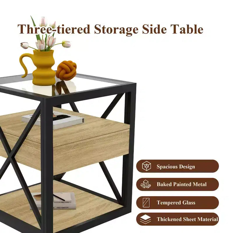 Table d'appoint moderne avec tiroir, Table d'appoint industrielle avec plateau en verre trempé, Table de chevet pour salon, chambre à coucher