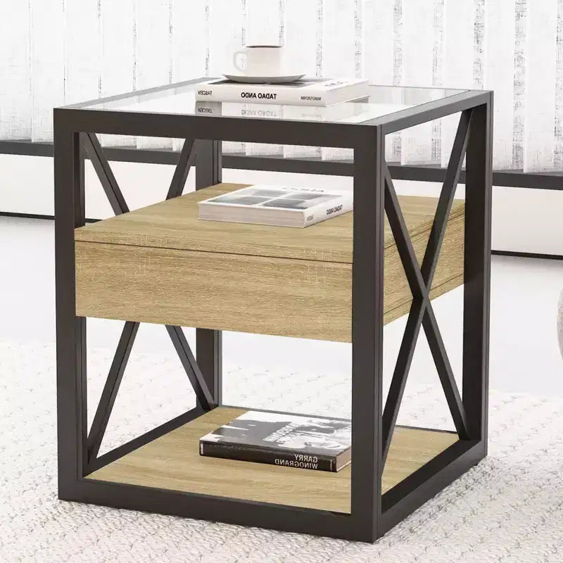 Table d'appoint moderne avec tiroir, Table d'appoint industrielle avec plateau en verre trempé, Table de chevet pour salon, chambre à coucher