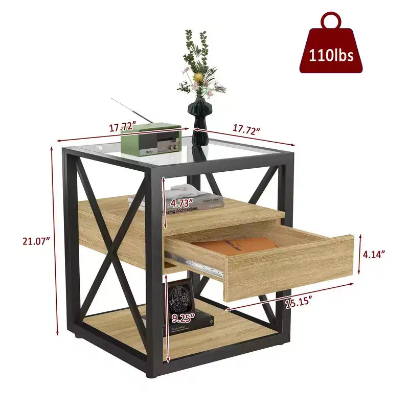Table d'appoint moderne avec tiroir, Table d'appoint industrielle avec plateau en verre trempé, Table de chevet pour salon, chambre à coucher