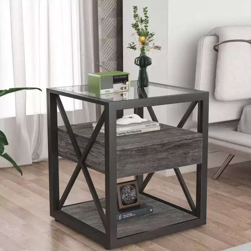 Table d'appoint moderne avec tiroir, Table d'appoint industrielle avec plateau en verre trempé, Table de chevet pour salon, chambre à coucher