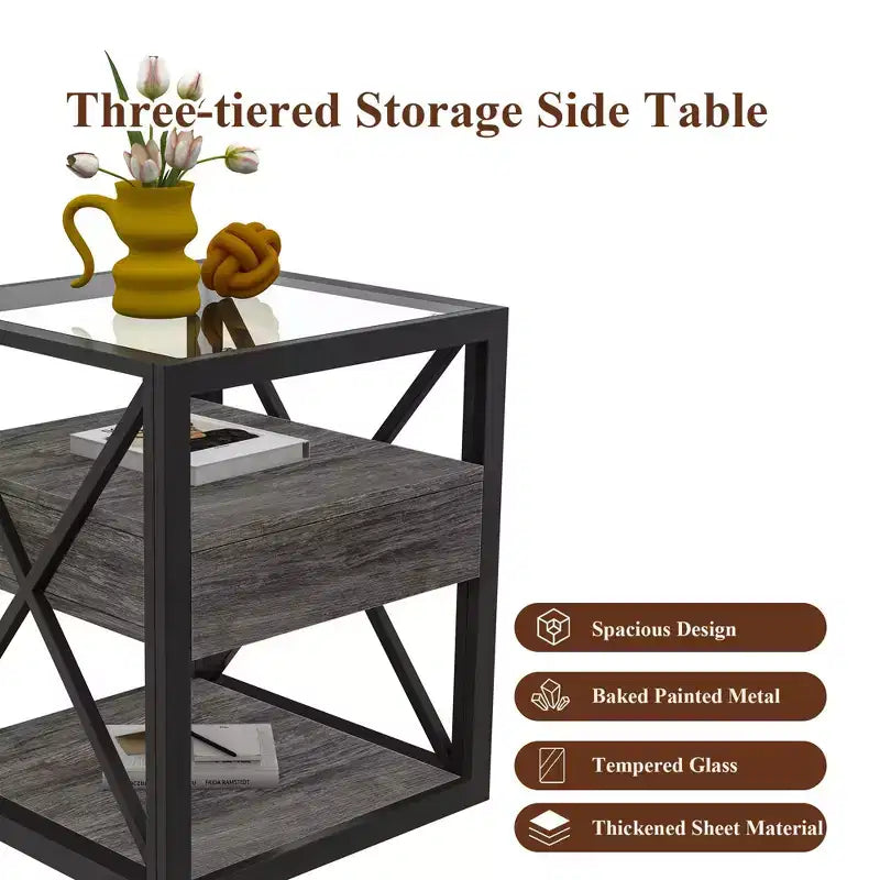 Table d'appoint moderne avec tiroir, Table d'appoint industrielle avec plateau en verre trempé, Table de chevet pour salon, chambre à coucher