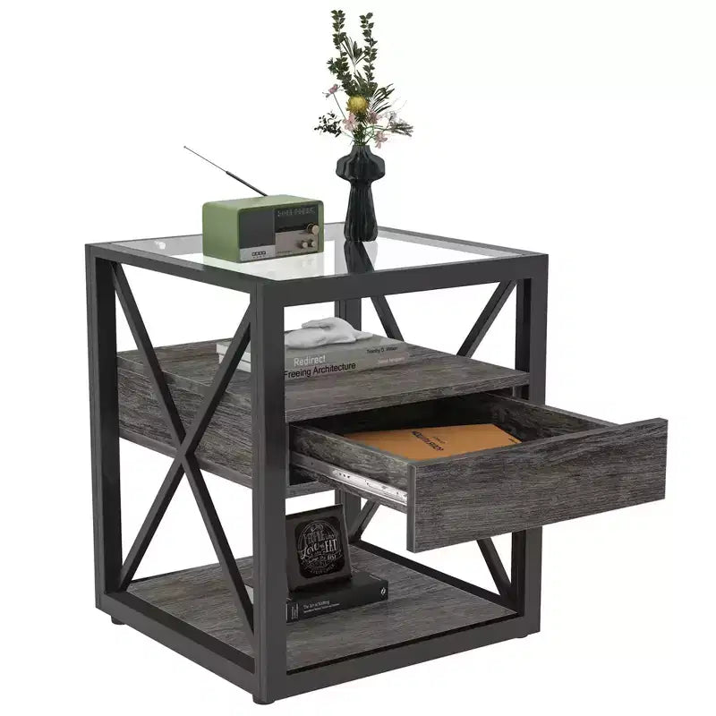 Table d'appoint moderne avec tiroir, Table d'appoint industrielle avec plateau en verre trempé, Table de chevet pour salon, chambre à coucher