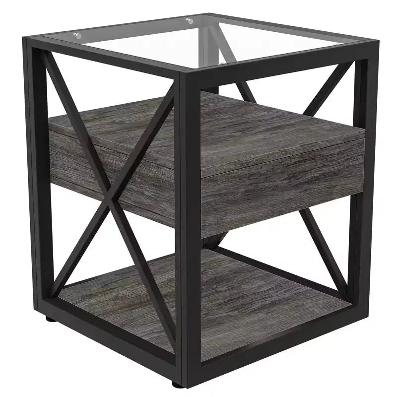 Table d'appoint moderne avec tiroir, Table d'appoint industrielle avec plateau en verre trempé, Table de chevet pour salon, chambre à coucher