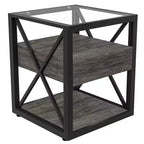 Table d'appoint moderne avec tiroir, Table d'appoint industrielle avec plateau en verre trempé, Table de chevet pour salon, chambre à coucher
