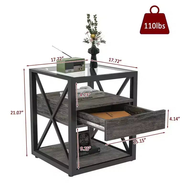 Table d'appoint moderne avec tiroir, Table d'appoint industrielle avec plateau en verre trempé, Table de chevet pour salon, chambre à coucher