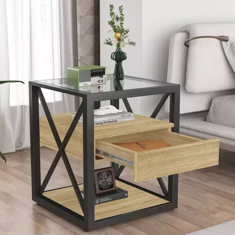 Table d'appoint moderne avec tiroir, Table d'appoint industrielle avec plateau en verre trempé, Table de chevet pour salon, chambre à coucher