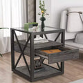 Table d'appoint moderne avec tiroir, Table d'appoint industrielle avec plateau en verre trempé, Table de chevet pour salon, chambre à coucher