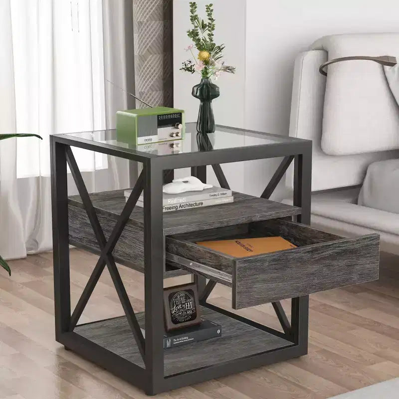Table d'appoint moderne avec tiroir, Table d'appoint industrielle avec plateau en verre trempé, Table de chevet pour salon, chambre à coucher
