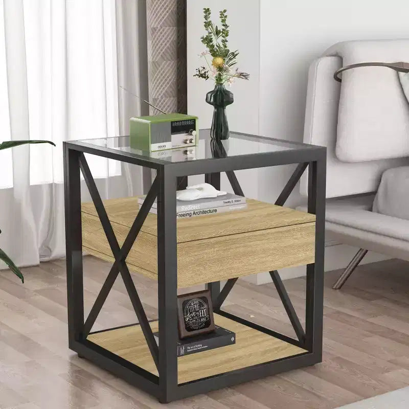 Okak Modern End Table with Drawer, Industrial Side Table with Tempered Glass Tabletop, Couch Table for Living Room, Bedroom