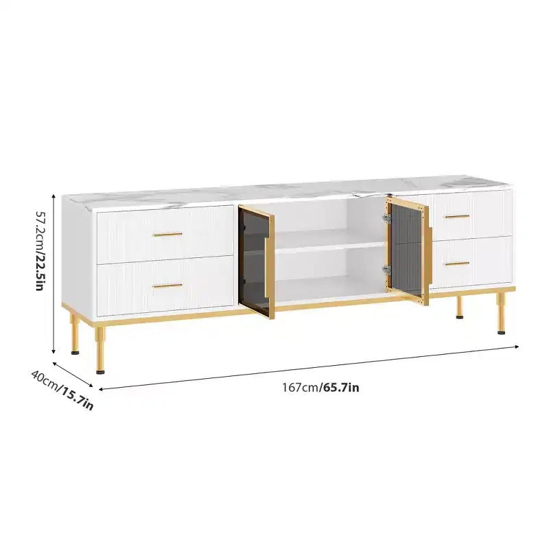 Meuble TV Encastré avec Éclairage LED, Meuble TV Moderne pour Écrans jusqu'à 75 Pouces, Dessus en Aspect Marbre, 4 Tiroirs.