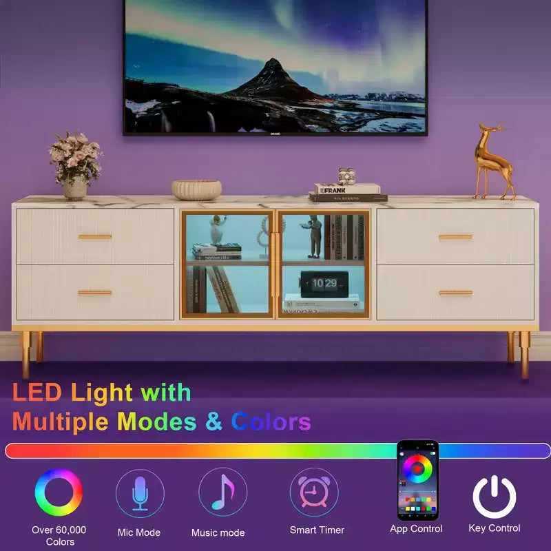Meuble TV Encastré avec Éclairage LED, Meuble TV Moderne pour Écrans jusqu'à 75 Pouces, Dessus en Aspect Marbre, 4 Tiroirs.