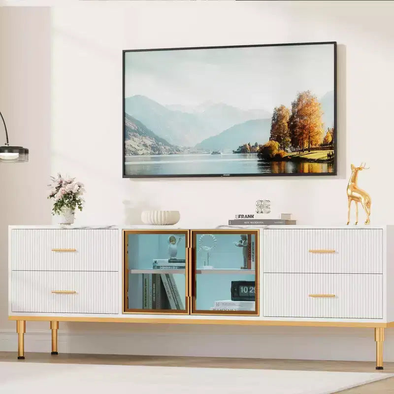 Meuble TV Encastré avec Éclairage LED, Meuble TV Moderne pour Écrans jusqu'à 75 Pouces, Dessus en Aspect Marbre, 4 Tiroirs.