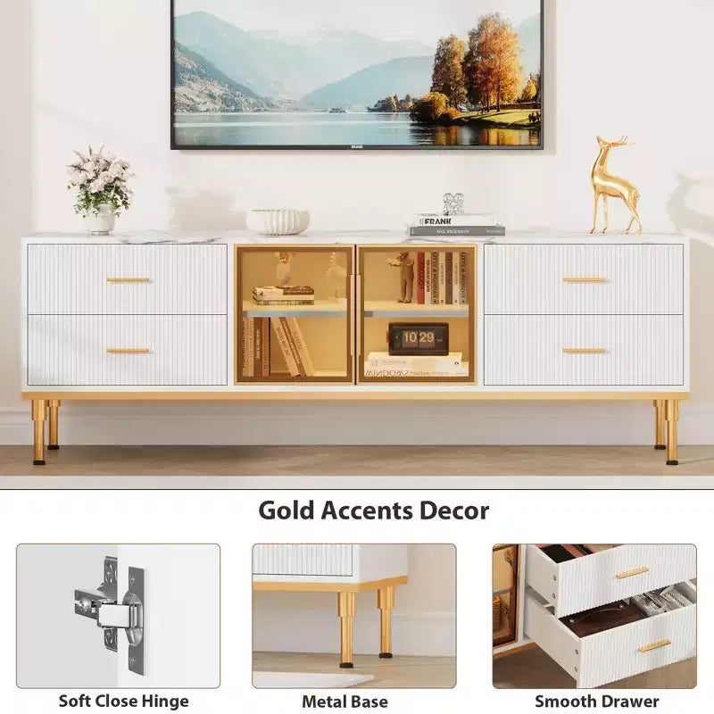 Meuble TV Encastré avec Éclairage LED, Meuble TV Moderne pour Écrans jusqu'à 75 Pouces, Dessus en Aspect Marbre, 4 Tiroirs.