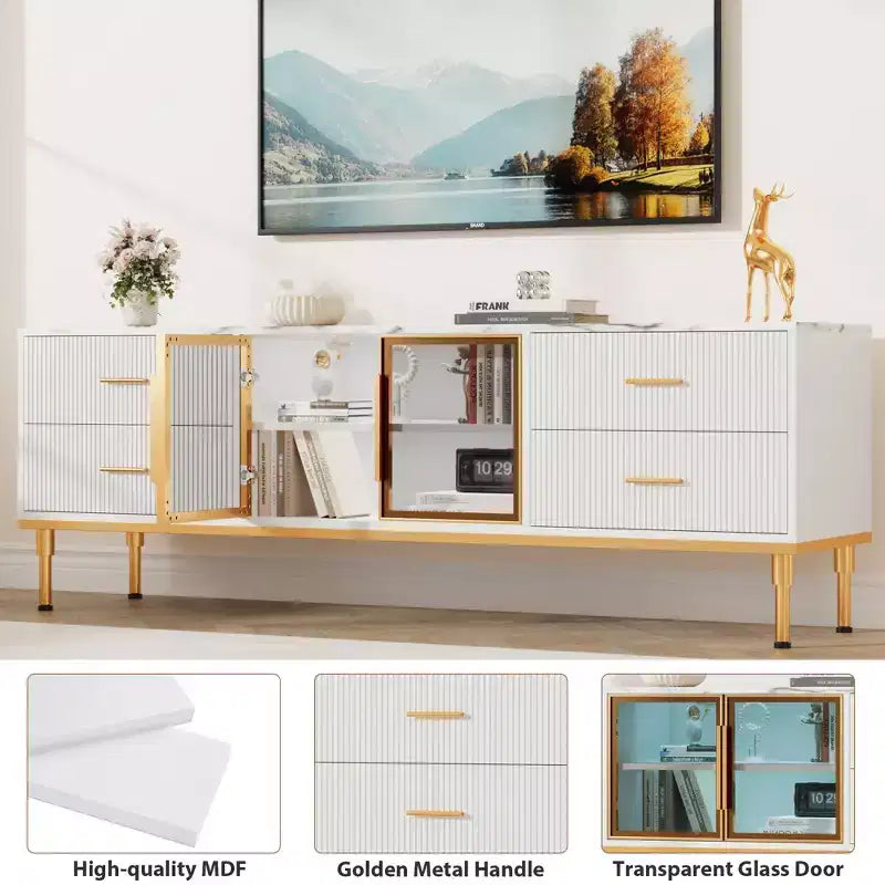 Meuble TV Encastré avec Éclairage LED, Meuble TV Moderne pour Écrans jusqu'à 75 Pouces, Dessus en Aspect Marbre, 4 Tiroirs.