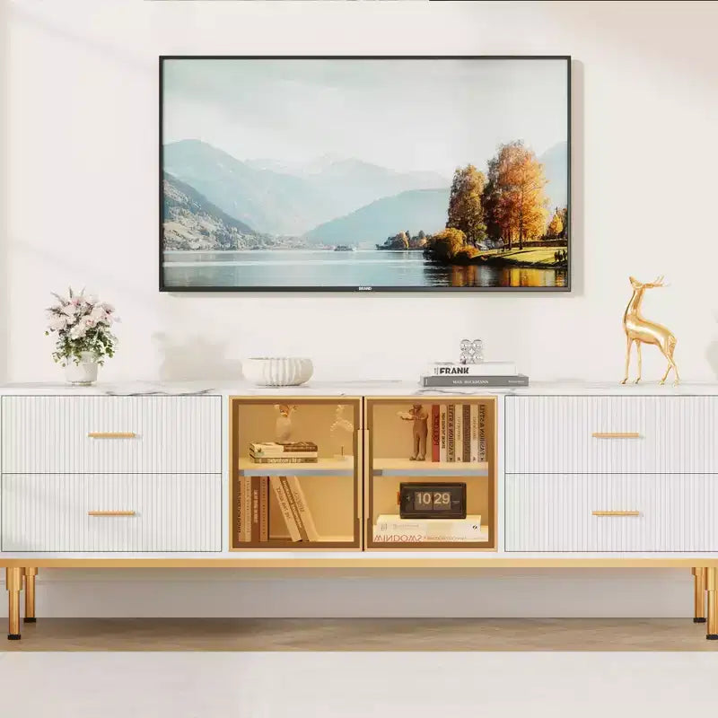 Meuble TV Encastré avec Éclairage LED, Meuble TV Moderne pour Écrans jusqu'à 75 Pouces, Dessus en Aspect Marbre, 4 Tiroirs.