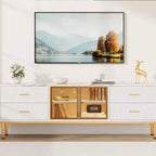 Meuble TV Encastré avec Éclairage LED, Meuble TV Moderne pour Écrans jusqu'à 75 Pouces, Dessus en Aspect Marbre, 4 Tiroirs.