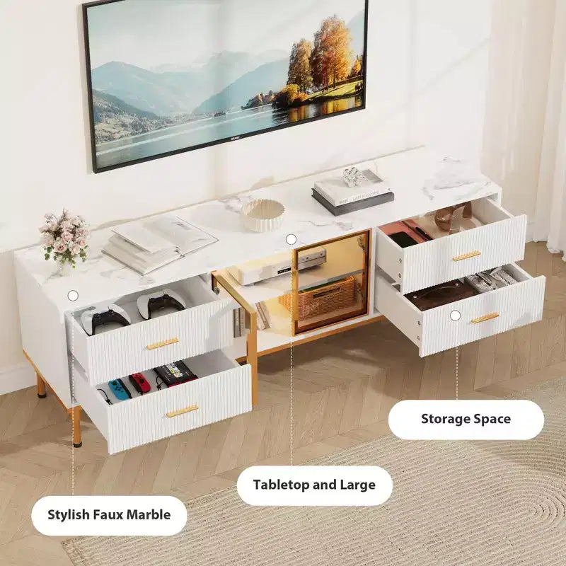 Meuble TV Encastré avec Éclairage LED, Meuble TV Moderne pour Écrans jusqu'à 75 Pouces, Dessus en Aspect Marbre, 4 Tiroirs.