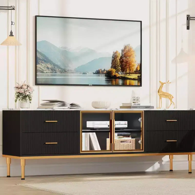 Meuble TV Encastré avec Éclairage LED, Meuble TV Moderne pour Écrans jusqu'à 75 Pouces, Dessus en Aspect Marbre, 4 Tiroirs.