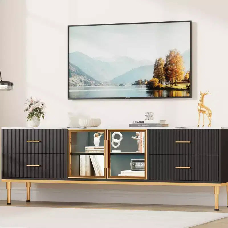 Meuble TV Encastré avec Éclairage LED, Meuble TV Moderne pour Écrans jusqu'à 75 Pouces, Dessus en Aspect Marbre, 4 Tiroirs.