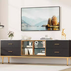 Meuble TV Encastré avec Éclairage LED, Meuble TV Moderne pour Écrans jusqu'à 75 Pouces, Dessus en Aspect Marbre, 4 Tiroirs.