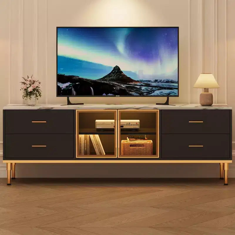Meuble TV Encastré avec Éclairage LED, Meuble TV Moderne pour Écrans jusqu'à 75 Pouces, Dessus en Aspect Marbre, 4 Tiroirs.
