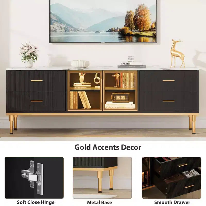 Meuble TV Encastré avec Éclairage LED, Meuble TV Moderne pour Écrans jusqu'à 75 Pouces, Dessus en Aspect Marbre, 4 Tiroirs.