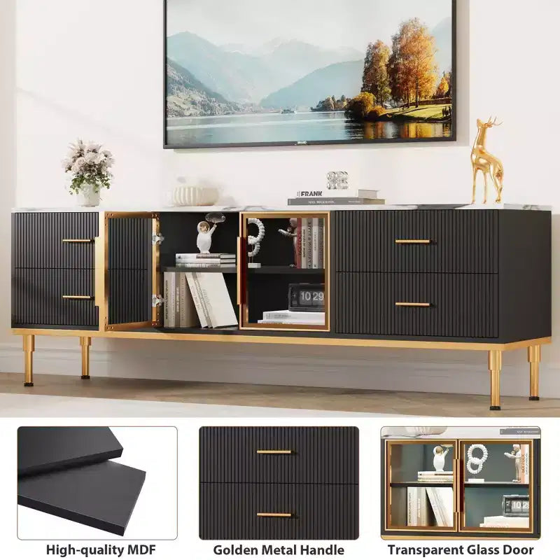 Meuble TV Encastré avec Éclairage LED, Meuble TV Moderne pour Écrans jusqu'à 75 Pouces, Dessus en Aspect Marbre, 4 Tiroirs.