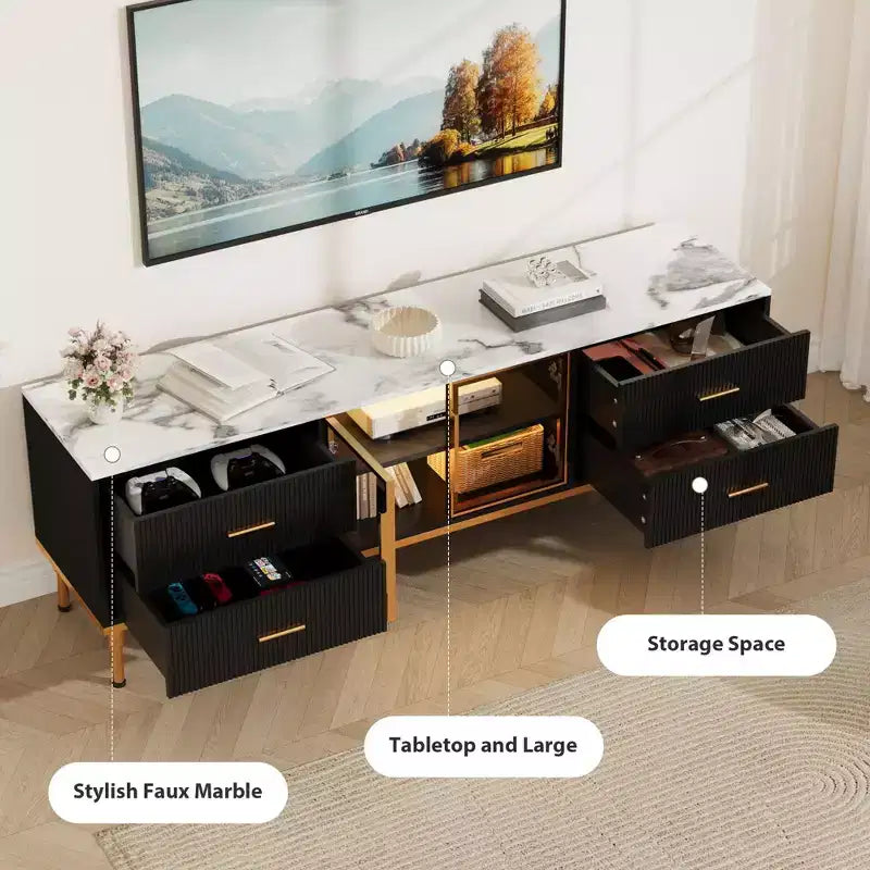 Meuble TV Encastré avec Éclairage LED, Meuble TV Moderne pour Écrans jusqu'à 75 Pouces, Dessus en Aspect Marbre, 4 Tiroirs.