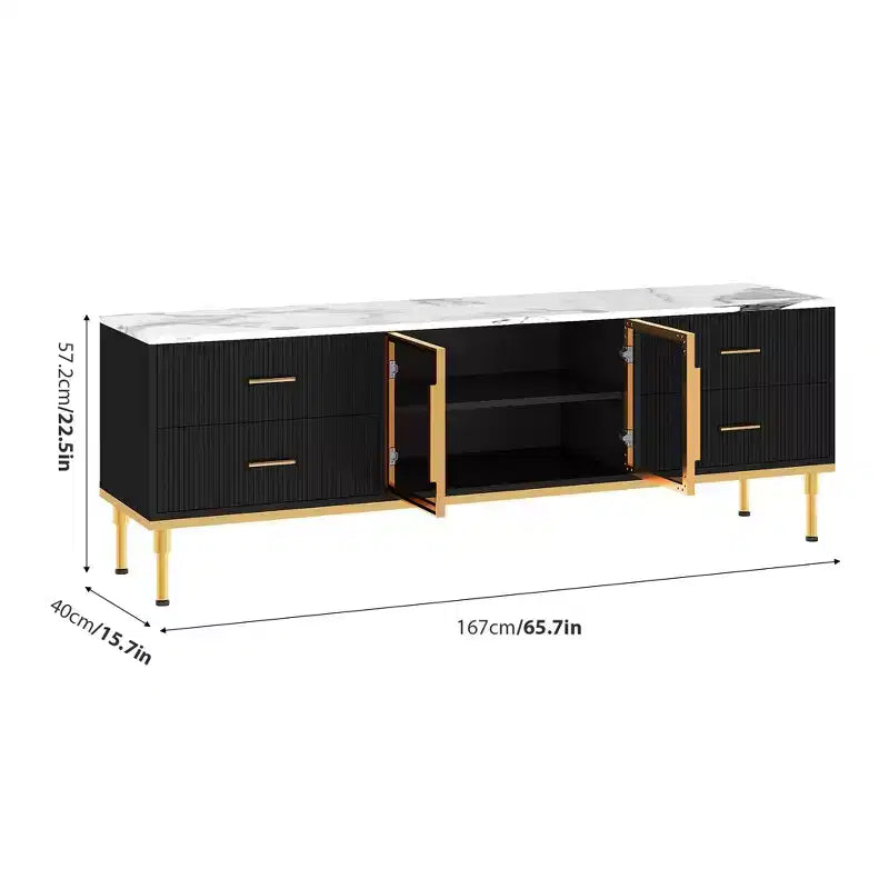 Meuble TV Encastré avec Éclairage LED, Meuble TV Moderne pour Écrans jusqu'à 75 Pouces, Dessus en Aspect Marbre, 4 Tiroirs.