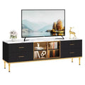 Recessed TV Cabinet with LED Lighting, Modern Entertainment Center for TVs up to 75 inches, Marble-Look Countertop, 4 Drawers.