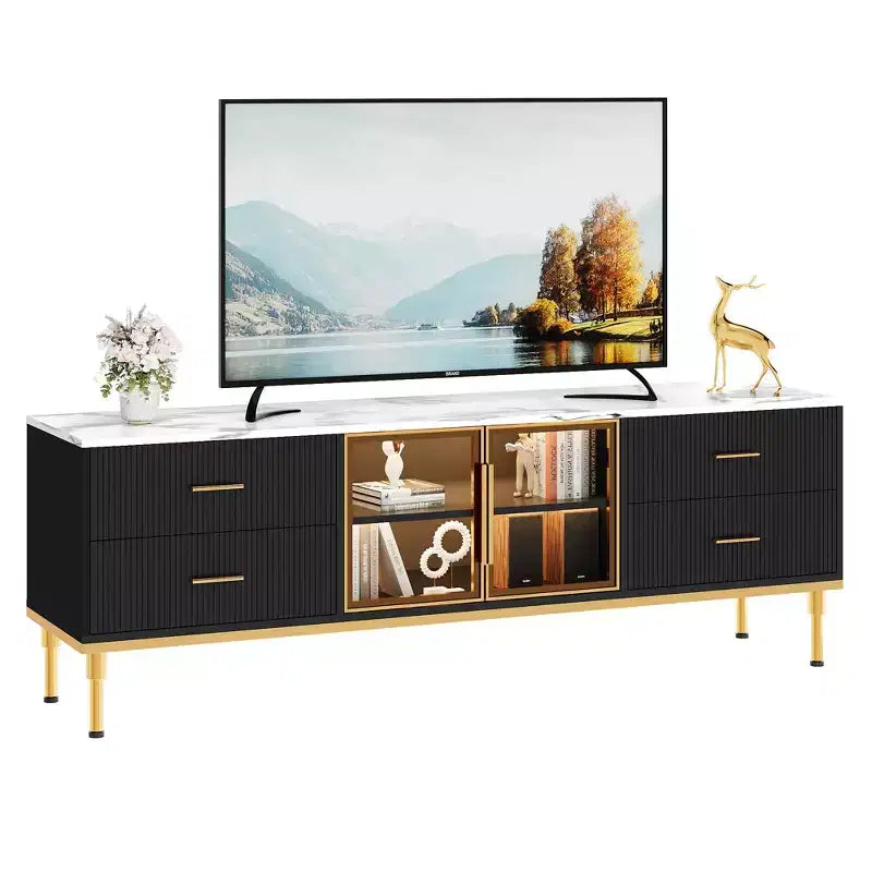 Recessed TV Cabinet with LED Lighting, Modern Entertainment Center for TVs up to 75 inches, Marble-Look Countertop, 4 Drawers.