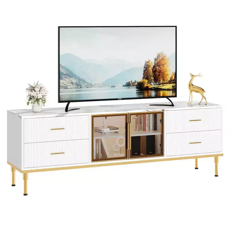Meuble TV Encastré avec Éclairage LED, Meuble TV Moderne pour Écrans jusqu'à 75 Pouces, Dessus en Aspect Marbre, 4 Tiroirs.