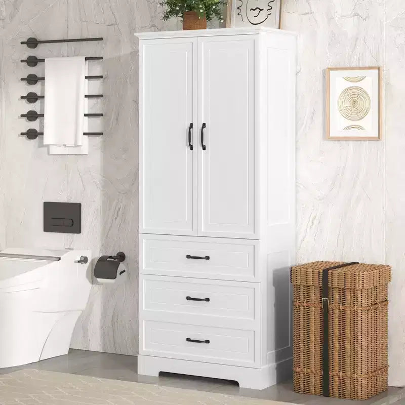 JVNOXK-Tall Bathroom Storage Cabinet, Cabinet with Two Doors and Drawers, Adjustable Shelf, MDF Board, White