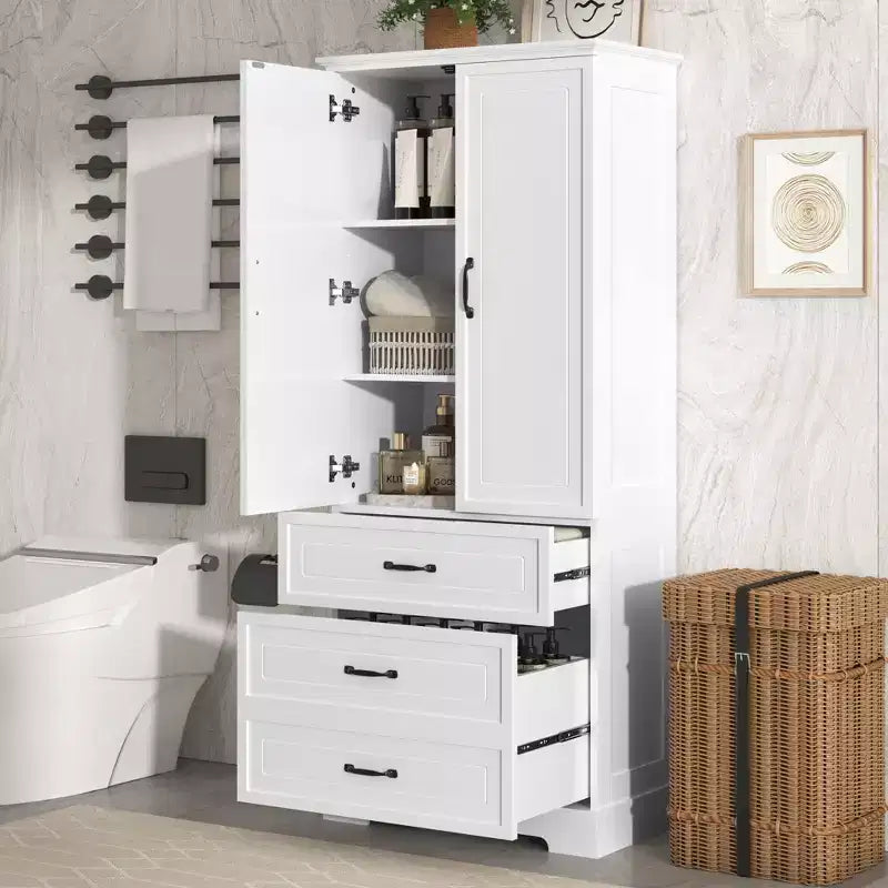 Meuble haut de rangement de salle de bain, meuble avec deux portes et tiroirs, étagère réglable, panneau MDF, blanc