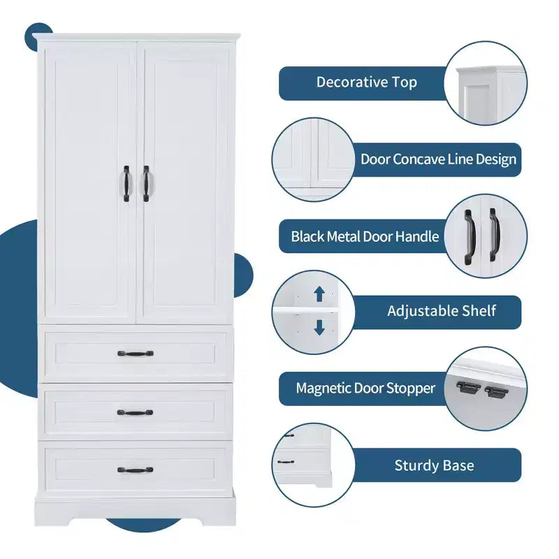 Meuble haut de rangement de salle de bain, meuble avec deux portes et tiroirs, étagère réglable, panneau MDF, blanc