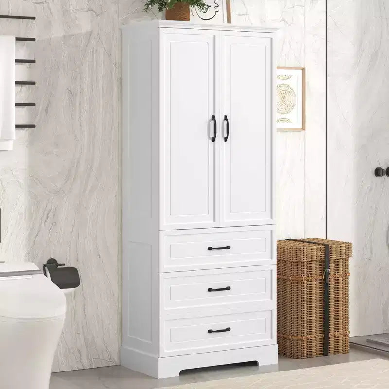 Meuble haut de rangement de salle de bain, meuble avec deux portes et tiroirs, étagère réglable, panneau MDF, blanc