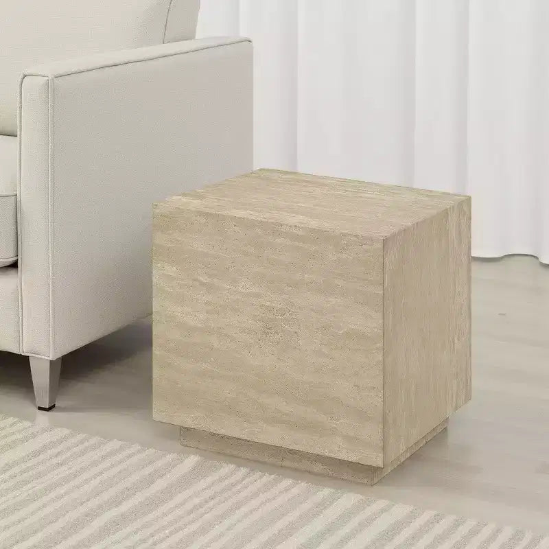 Royal Hampton Side End Table, 19 Inch Square Travertine Top, Natural Wood Beige