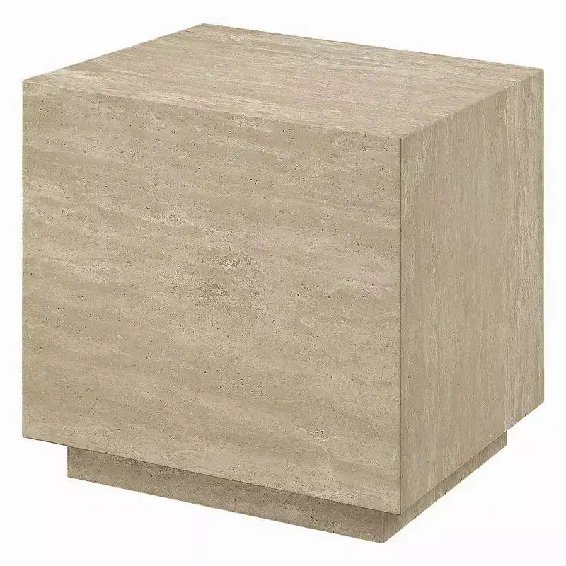 Table d'appoint, plateau carré en travertin de 48 cm, bois naturel beige