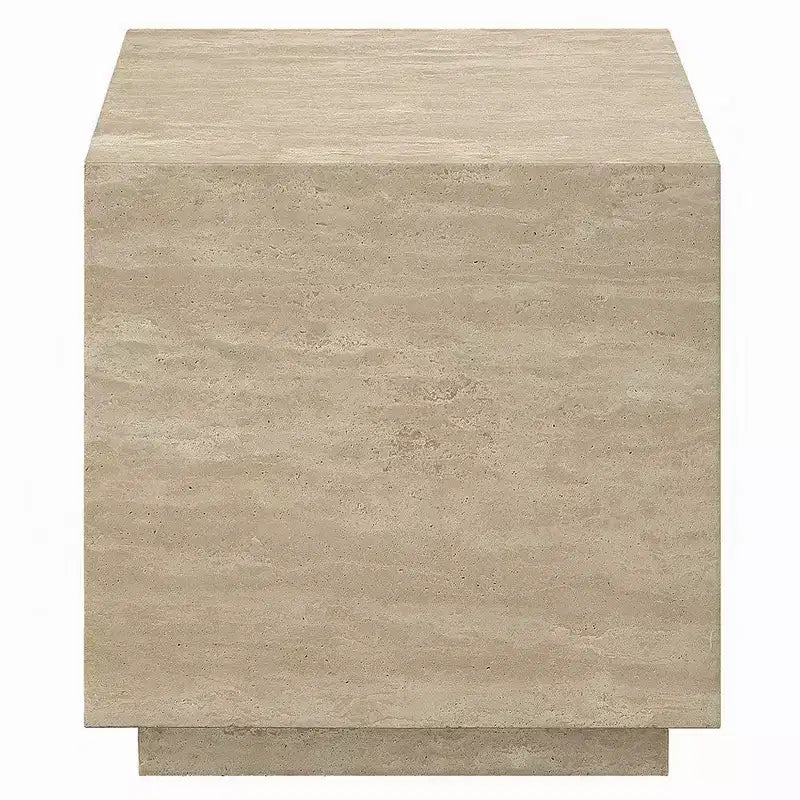 Table d'appoint, plateau carré en travertin de 48 cm, bois naturel beige