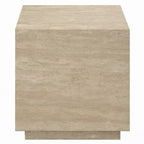 Table d'appoint, plateau carré en travertin de 48 cm, bois naturel beige