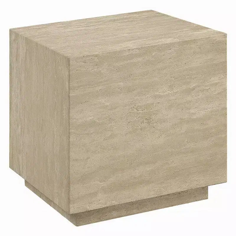 Table d'appoint, plateau carré en travertin de 48 cm, bois naturel beige