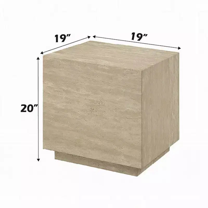 Table d'appoint, plateau carré en travertin de 48 cm, bois naturel beige