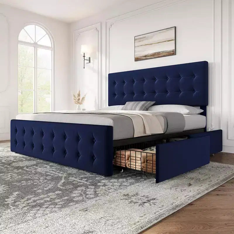 Queen-size bed frame with 4 storage drawers, velvet upholstered headboard, slatted wooden support, button tufting, no spring mattress required.