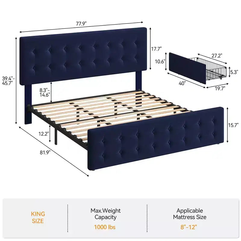 Cadre de lit queen-size avec 4 tiroirs de rangement, tête de lit en velours capitonnée, support à lattes en bois, capitonnage à boutons, matelas sans ressort requis.