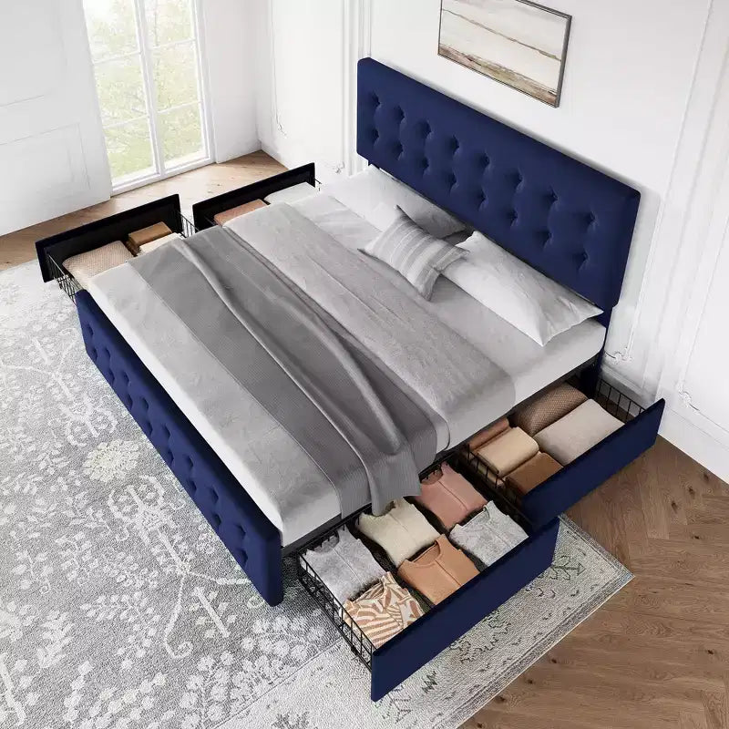Cadre de lit queen-size avec 4 tiroirs de rangement, tête de lit en velours capitonnée, support à lattes en bois, capitonnage à boutons, matelas sans ressort requis.