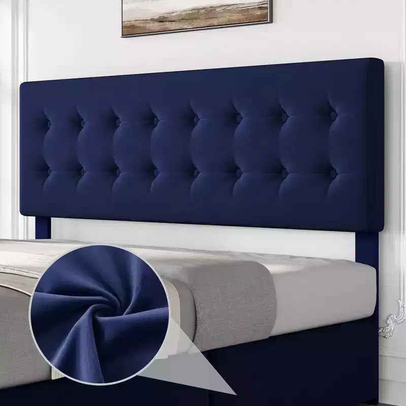 Cadre de lit queen-size avec 4 tiroirs de rangement, tête de lit en velours capitonnée, support à lattes en bois, capitonnage à boutons, matelas sans ressort requis.