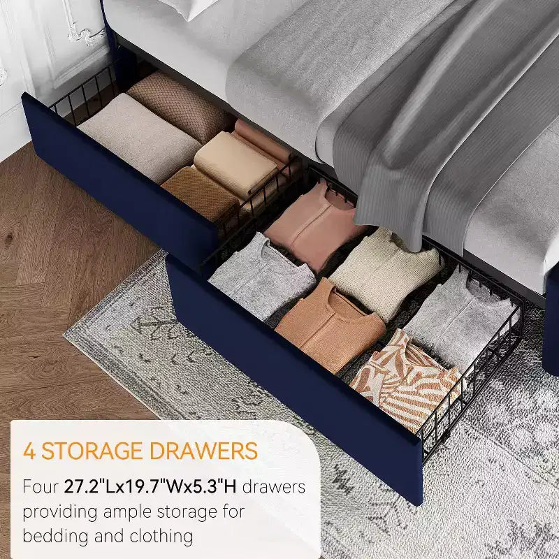 Cadre de lit queen-size avec 4 tiroirs de rangement, tête de lit en velours capitonnée, support à lattes en bois, capitonnage à boutons, matelas sans ressort requis.
