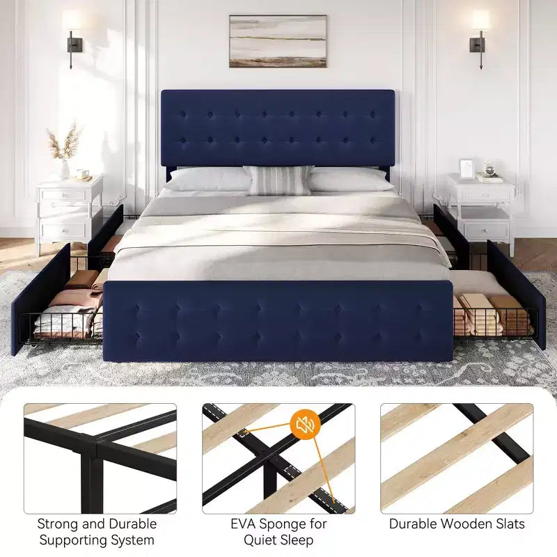 Cadre de lit queen-size avec 4 tiroirs de rangement, tête de lit en velours capitonnée, support à lattes en bois, capitonnage à boutons, matelas sans ressort requis.
